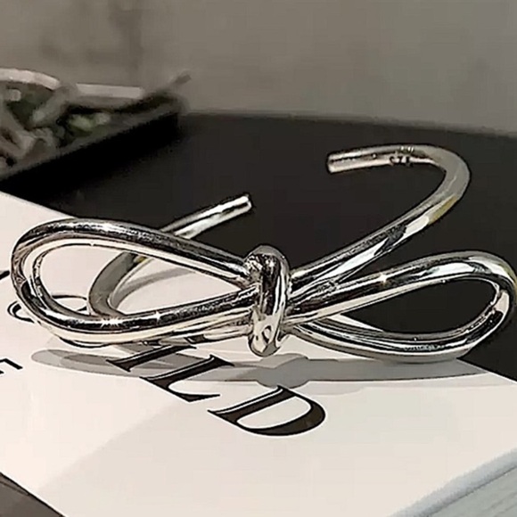 Bow Tie Knot Sterling Silver Bangle Cuff Bracelet - Picture 4 of 6